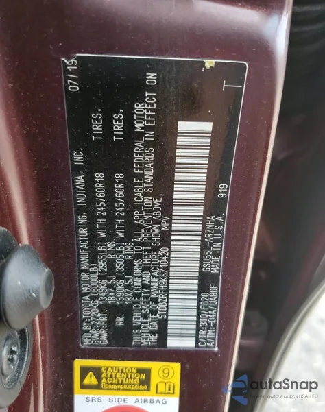 2019 Toyota Highlander Le z USA, uszkodzony, nr VIN 5TDBZRFH9KS710420